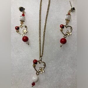 Gold Heart Necklace and Earring Set with Ladybug Accents